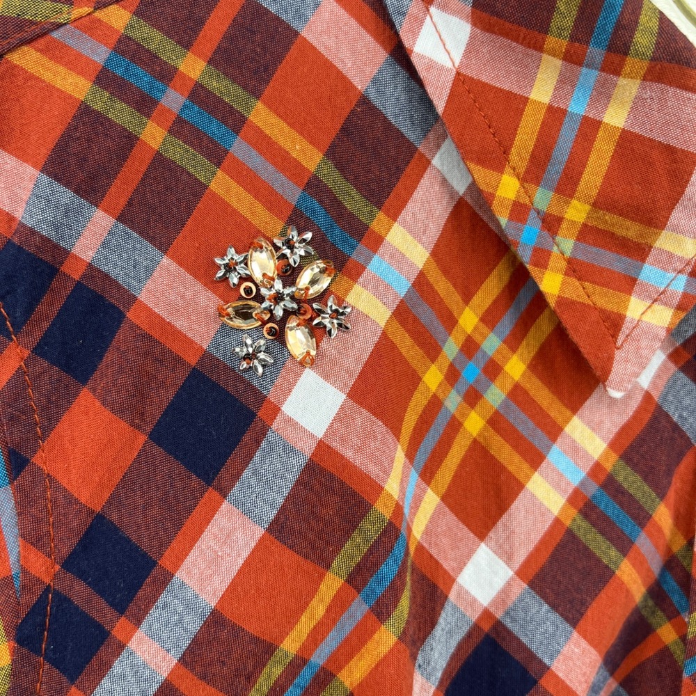 Kim Rogers Petite Orange Plaid Tunic Rhinestone Embellished Button Down Shirt PL - Picture 4 of 8